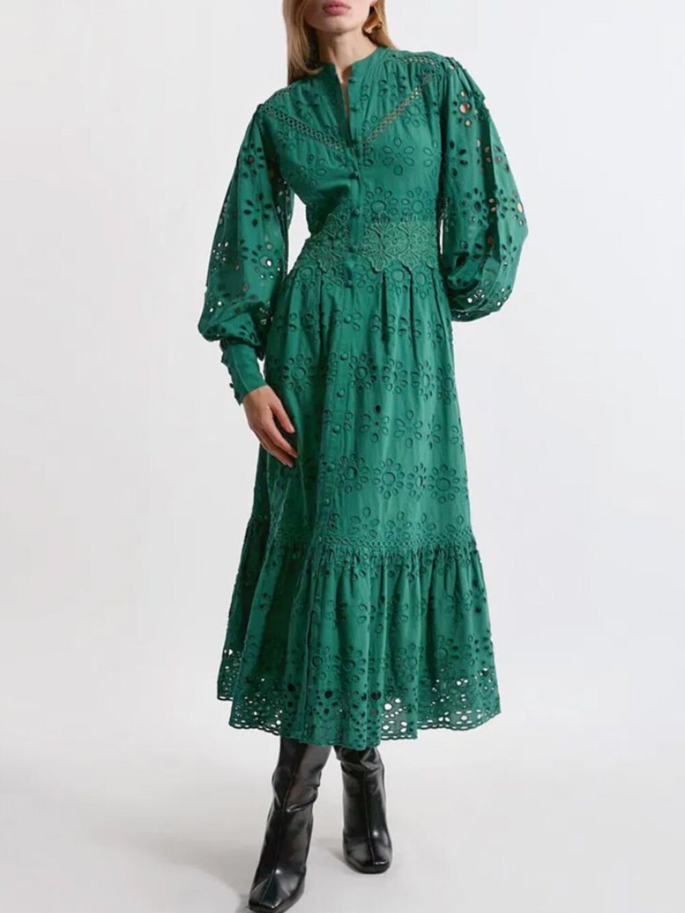 Karen Millen Green Broderie Eyelet Cotton Woven Midi Dress Size 4